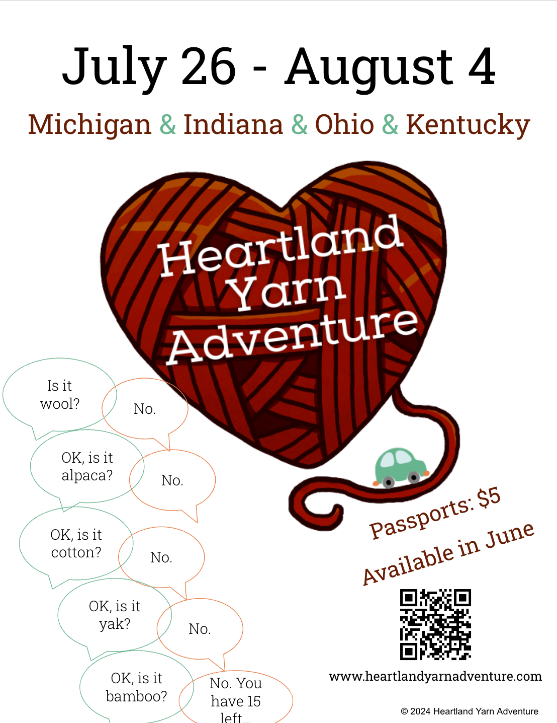 2024 Heartland Yarn Adventure Shop guide map and souvenir pin.